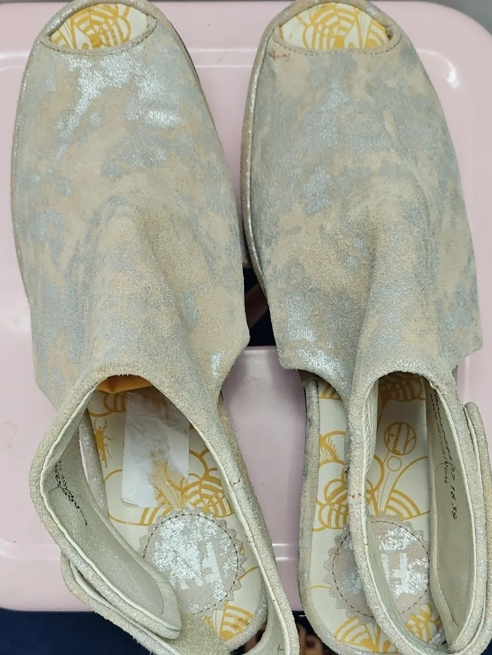 Fly London Peep Toe Suede Wedge Sandals Metallic Size 39